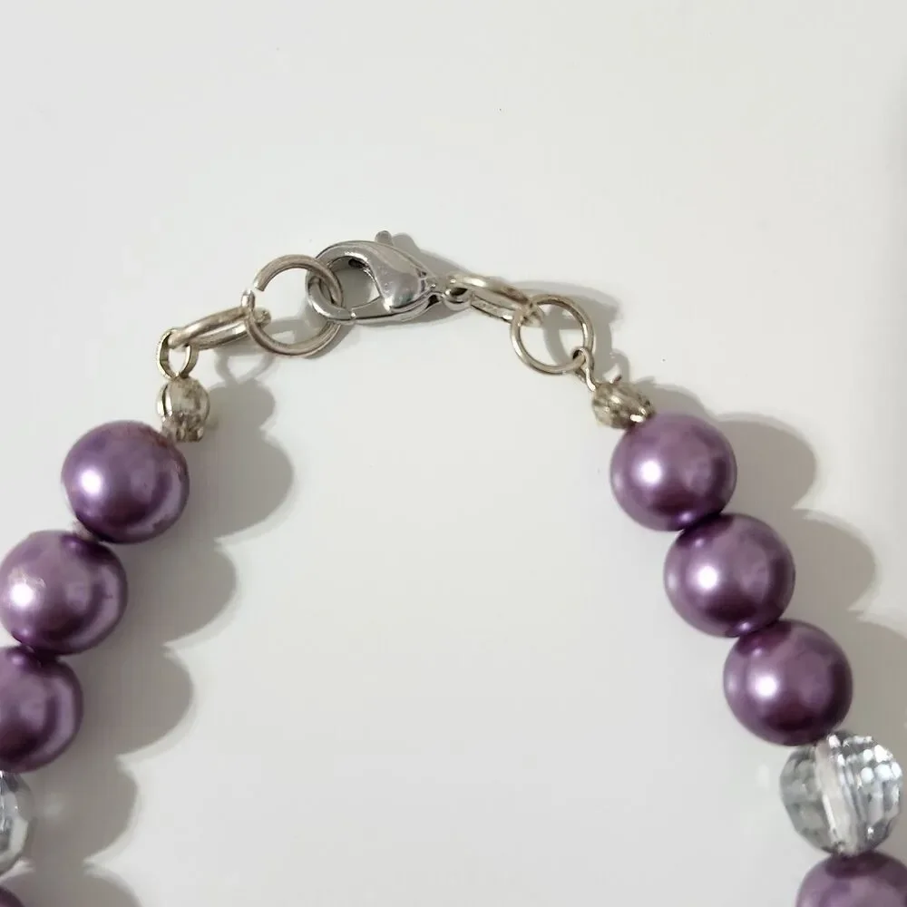 Purple Transparent Round Beaded Necklace Lobster Silver Tone Cord